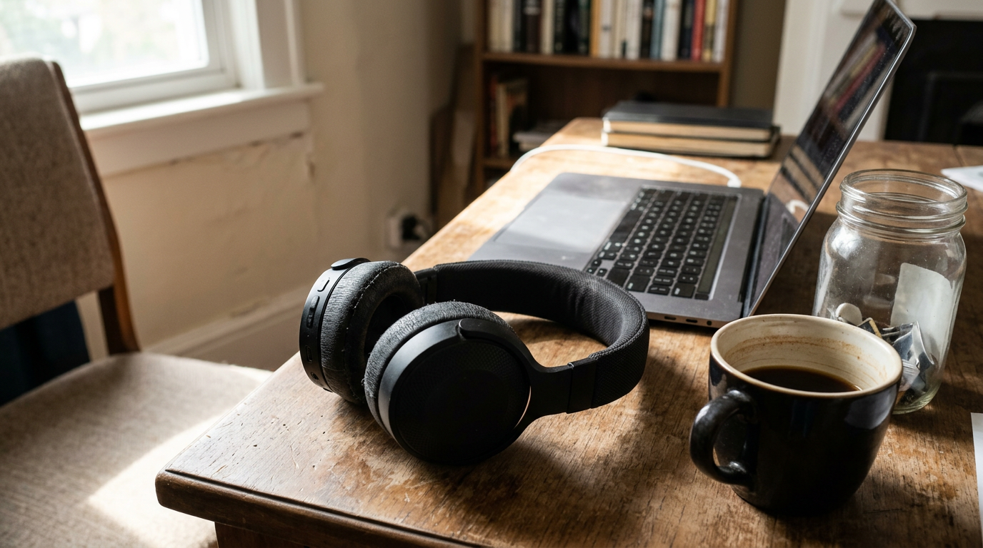 A high-angle, documentary shot captures a pair of worn, well-loved headphones resting on a cluttered wooden workstation next to an open laptop and a half-empty coffee mug.