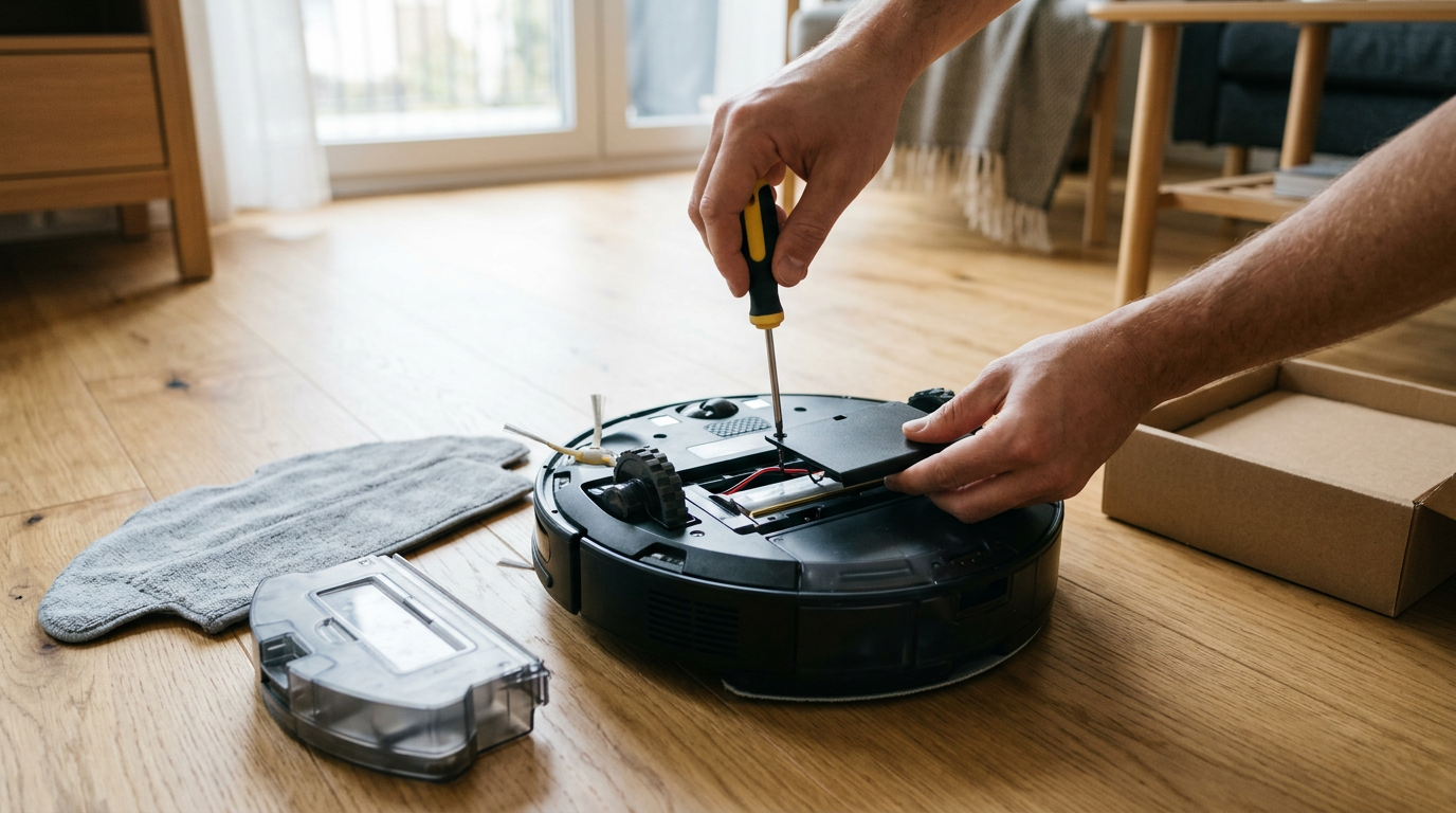A tight, top-down shot of a robotic cleaner flipped upside down on a warm oak floor, captured in natural afternoon light filtering through nearby glass.