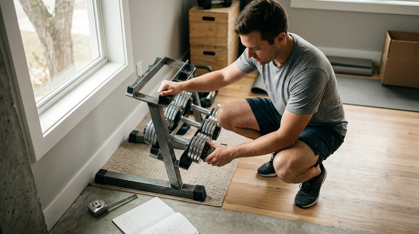 A candid, high-angle shot captures a homeowner crouched on a hardwood floor, one hand testing the dial mechanism of a metallic dumbbell while the other brushes against the heavy, i