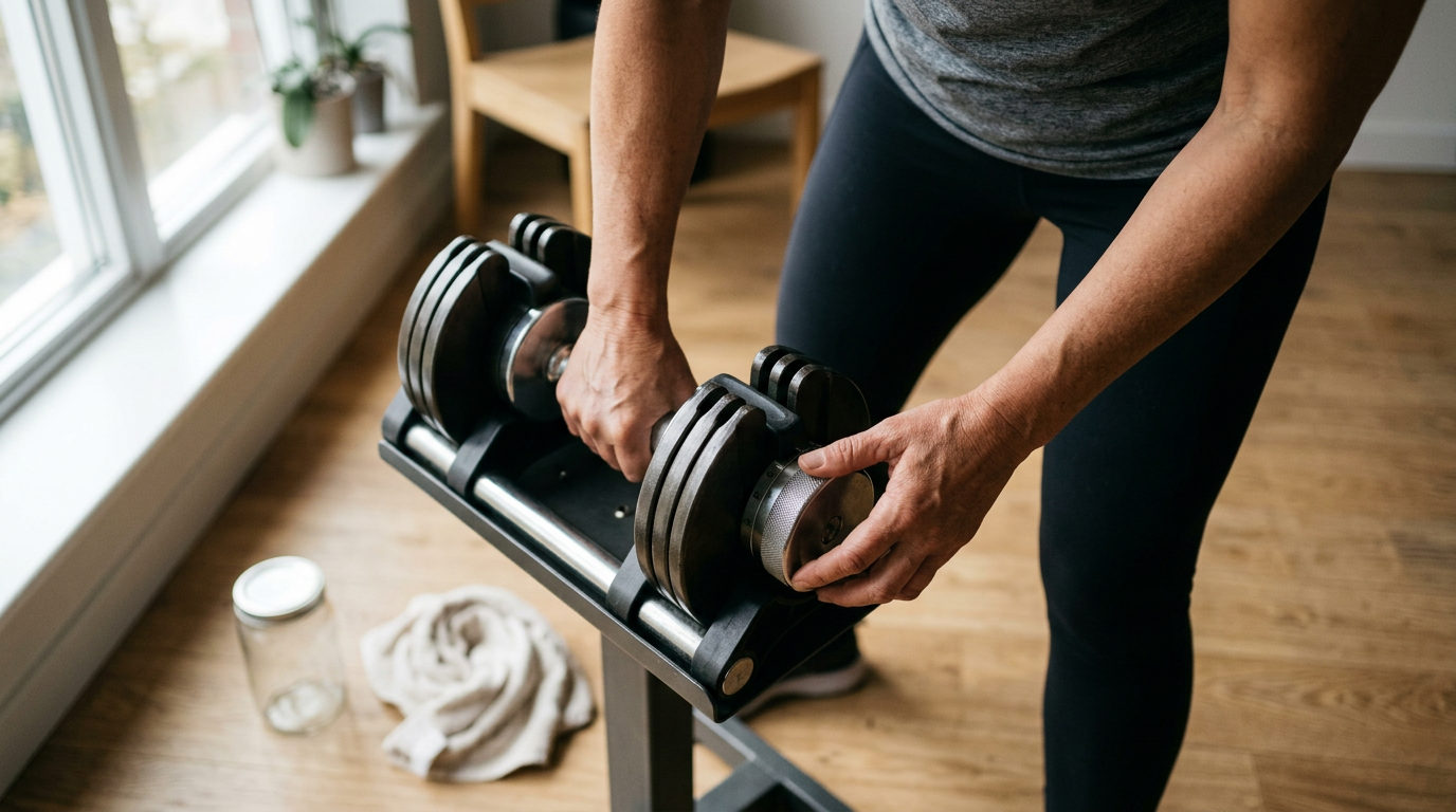 A close-up, top-down shot of a person’s hands in mid-motion, adjusting the weight dial on a metallic dumbbell nested within its storage rack.