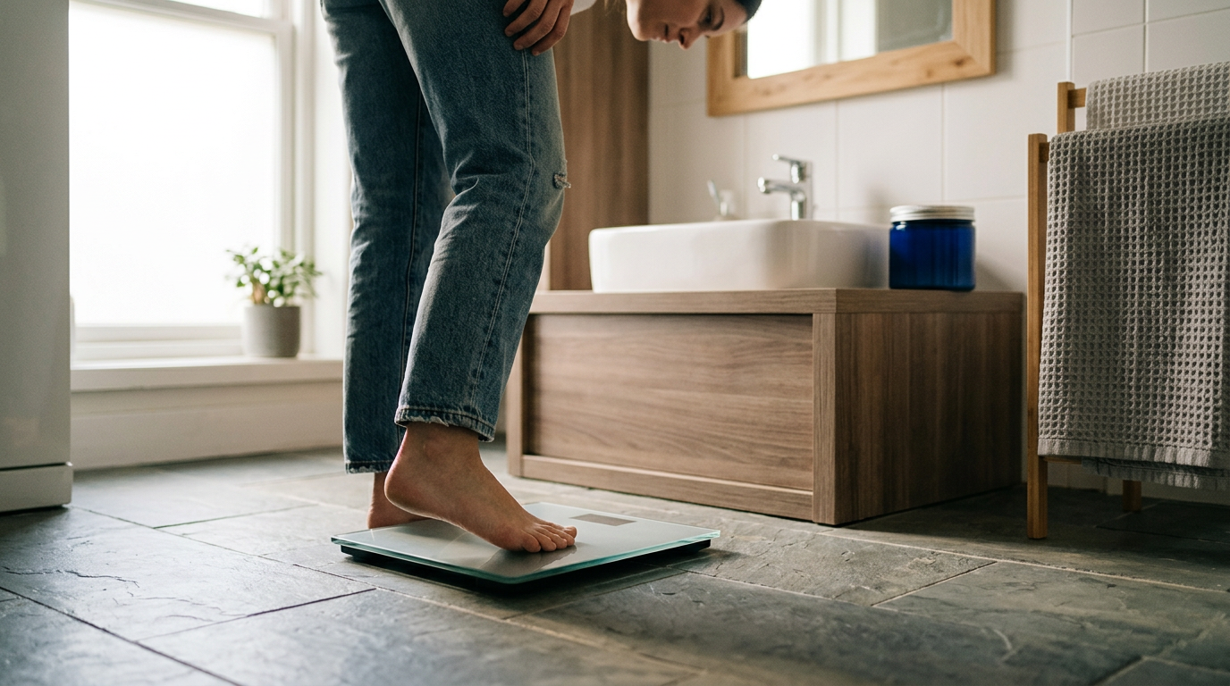 A low-angle, reportage-style shot captures a pair of bare feet stepping onto a sleek, glass-topped scale resting on cool grey slate bathroom tiles.