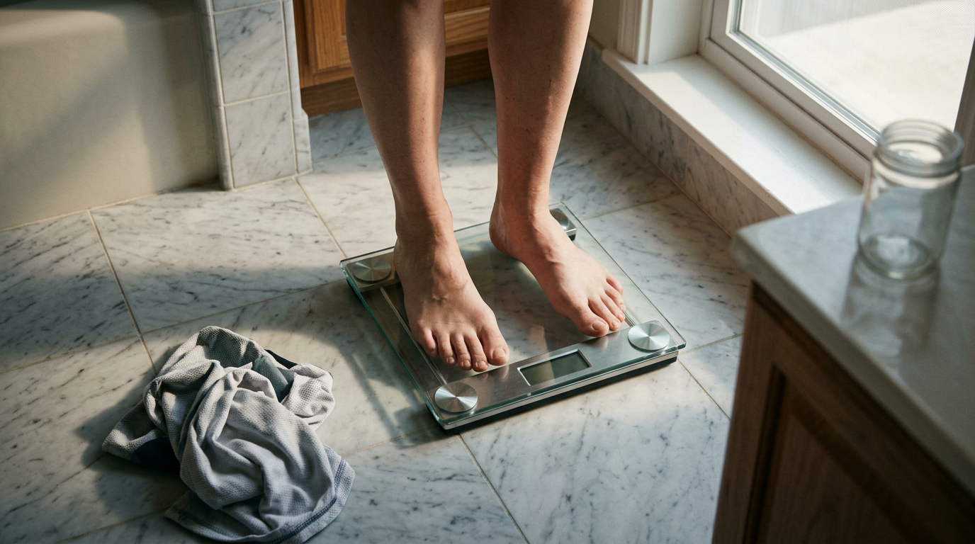 A high-angle, documentary shot captures a pair of bare feet standing on a minimalist glass-and-steel scale placed on a cool, veined marble bathroom floor.