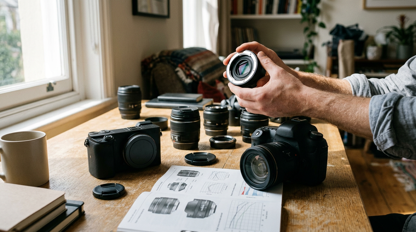 A sun-drenched oak desk holds the chaotic reality of a photographer’s decision: two camera bodies—one compact, one robust—sit amidst a scattering of prime lenses and a spread-out t