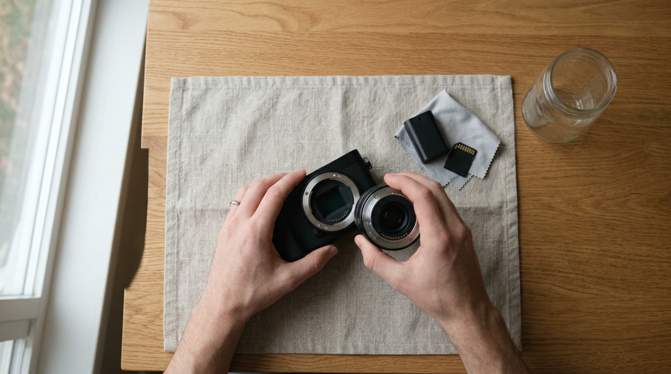 A close-up, top-down shot captures a pair of hands carefully removing a lens from a camera body on a sunlit oak dining table.