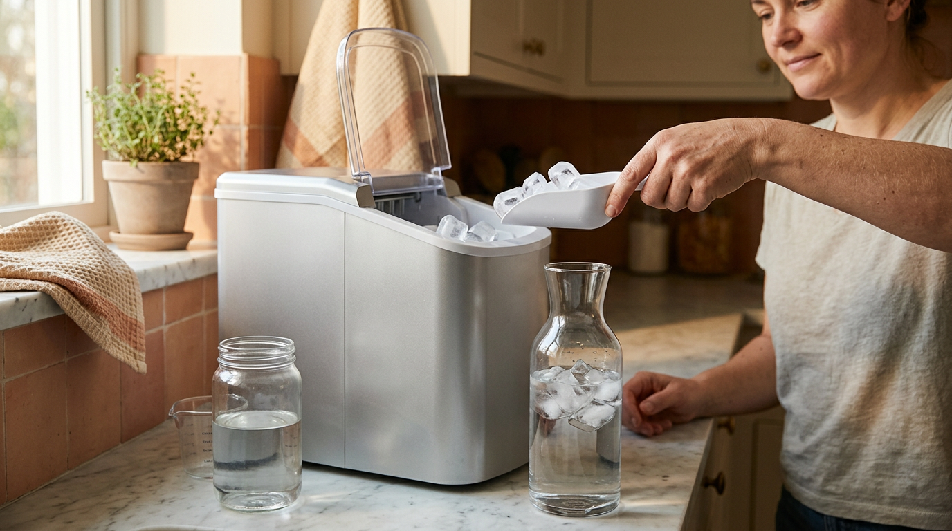 A warm, late-afternoon sun spills across a marble countertop, illuminating a person’s hands as they transfer crystal-clear ice from a compact machine into a simple, unadorned glass