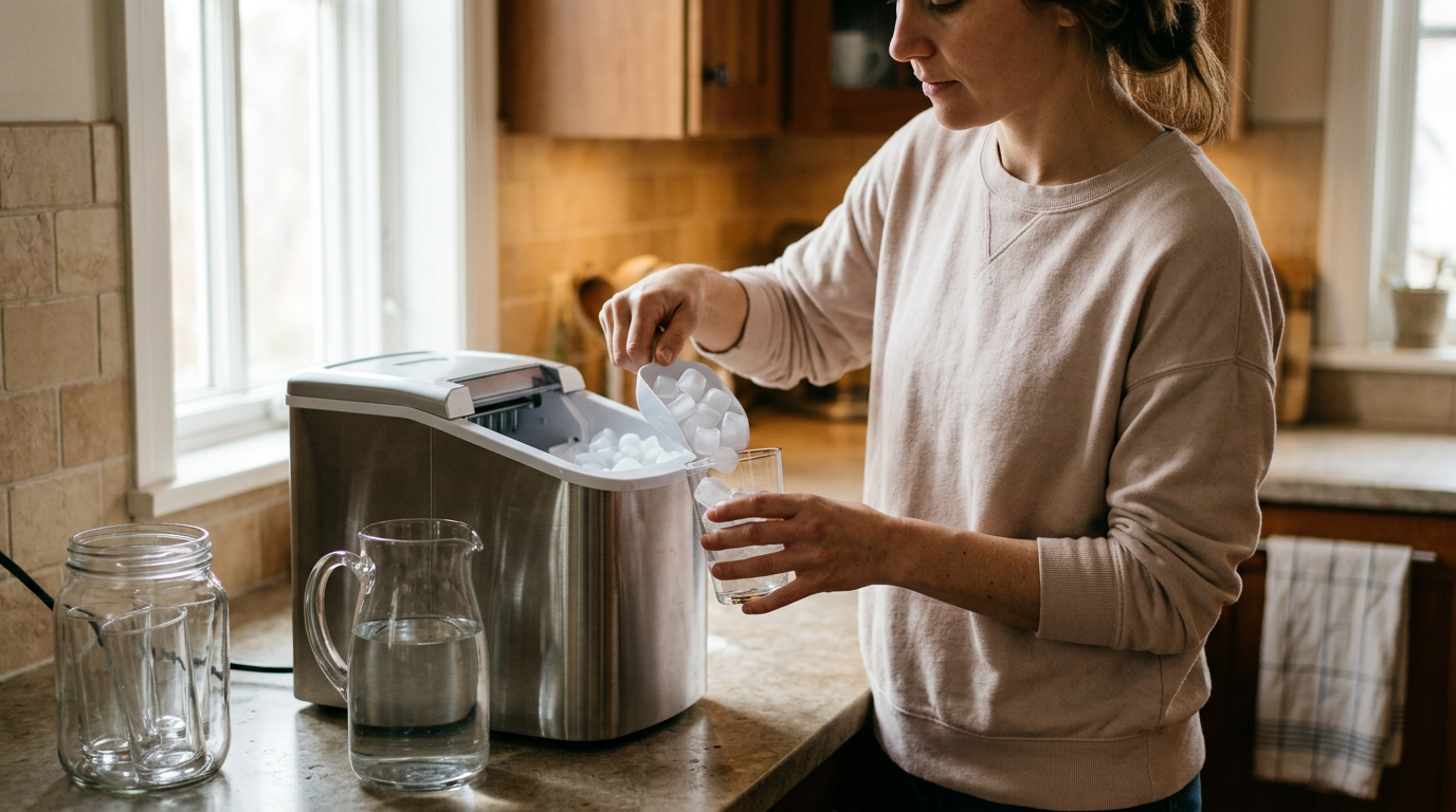 A candid, eye-level shot captures a person at a sun-drenched kitchen counter, mid-afternoon.