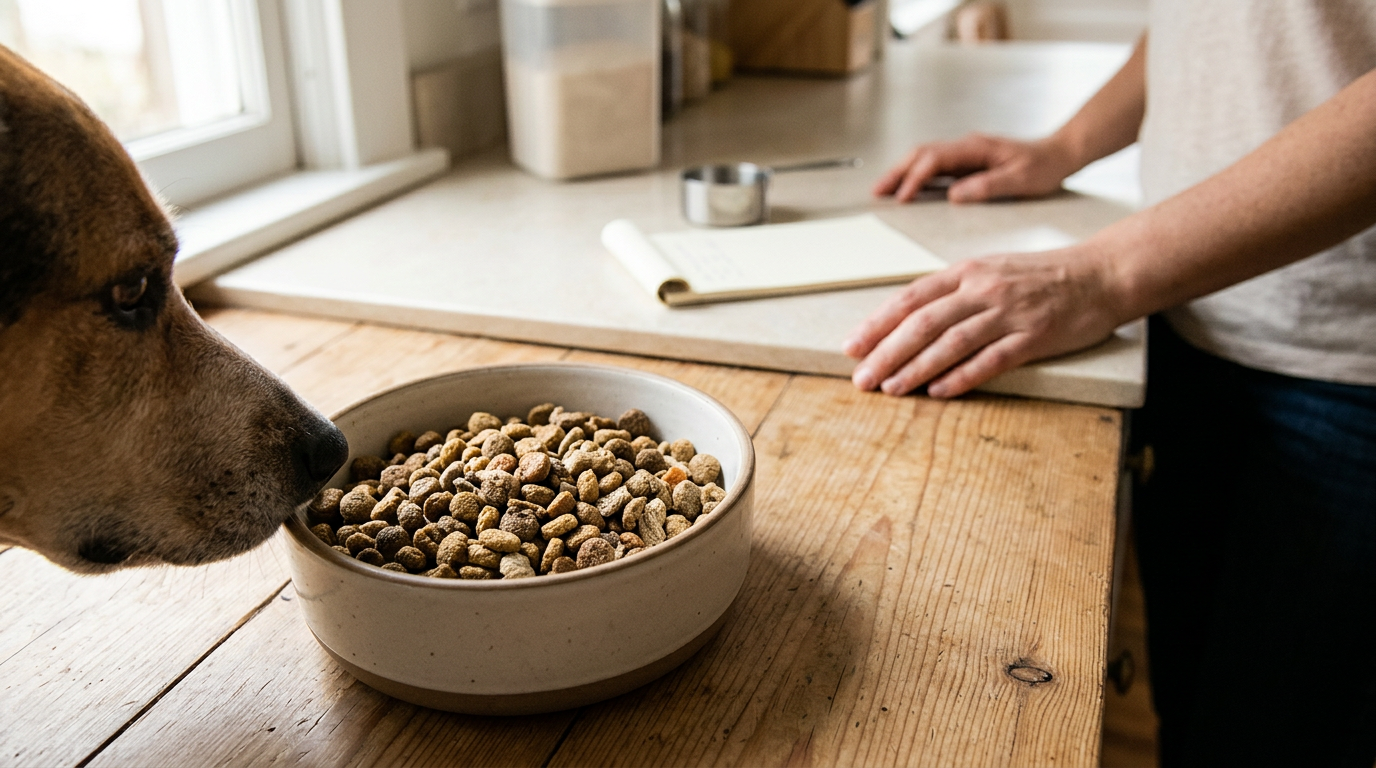 A low-angle, documentary-style shot captures a dog’s snout nudging a ceramic bowl filled with fiber-rich, nutrient-dense kibble on a rustic wooden floor.