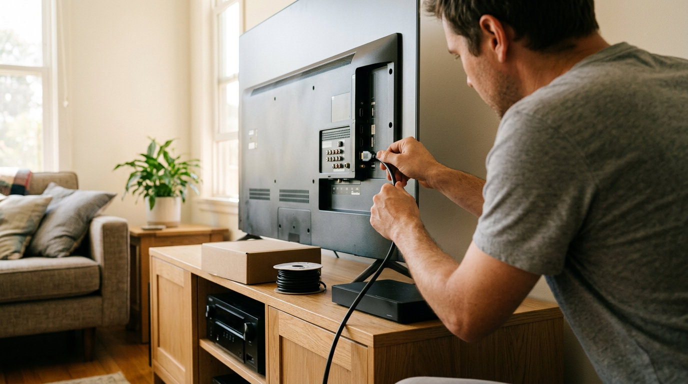 A close-up, documentary-style shot captures a person’s hands adjusting a thick, high-speed HDMI cable behind a television mounted on a natural oak media console.