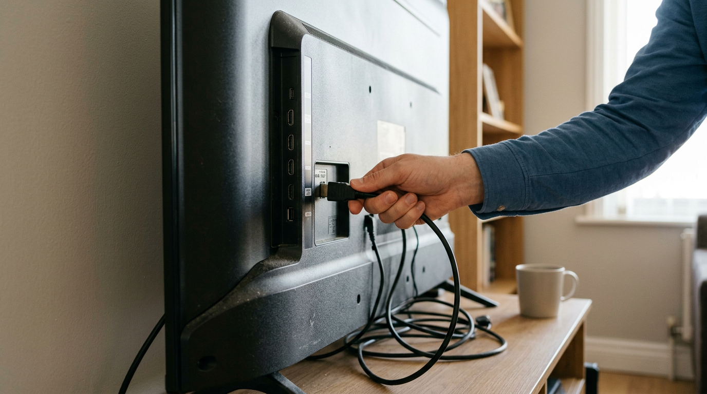 A close-up, documentary-style shot captures a person’s hand reaching behind a wall-mounted television to plug an HDMI cable into an eARC-labeled port.
