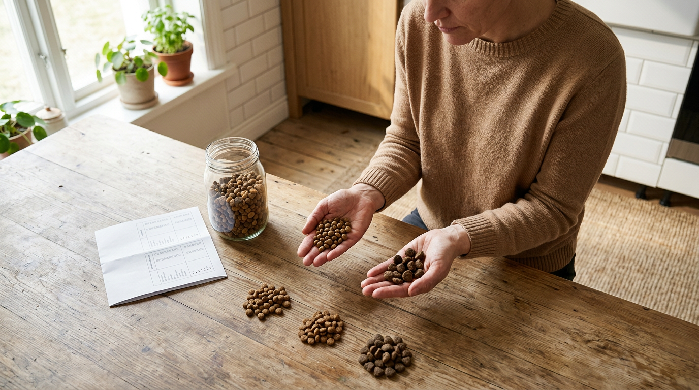 A bowl of dry dog food beside a Hill's Science Diet bag on a kitchen floor.
