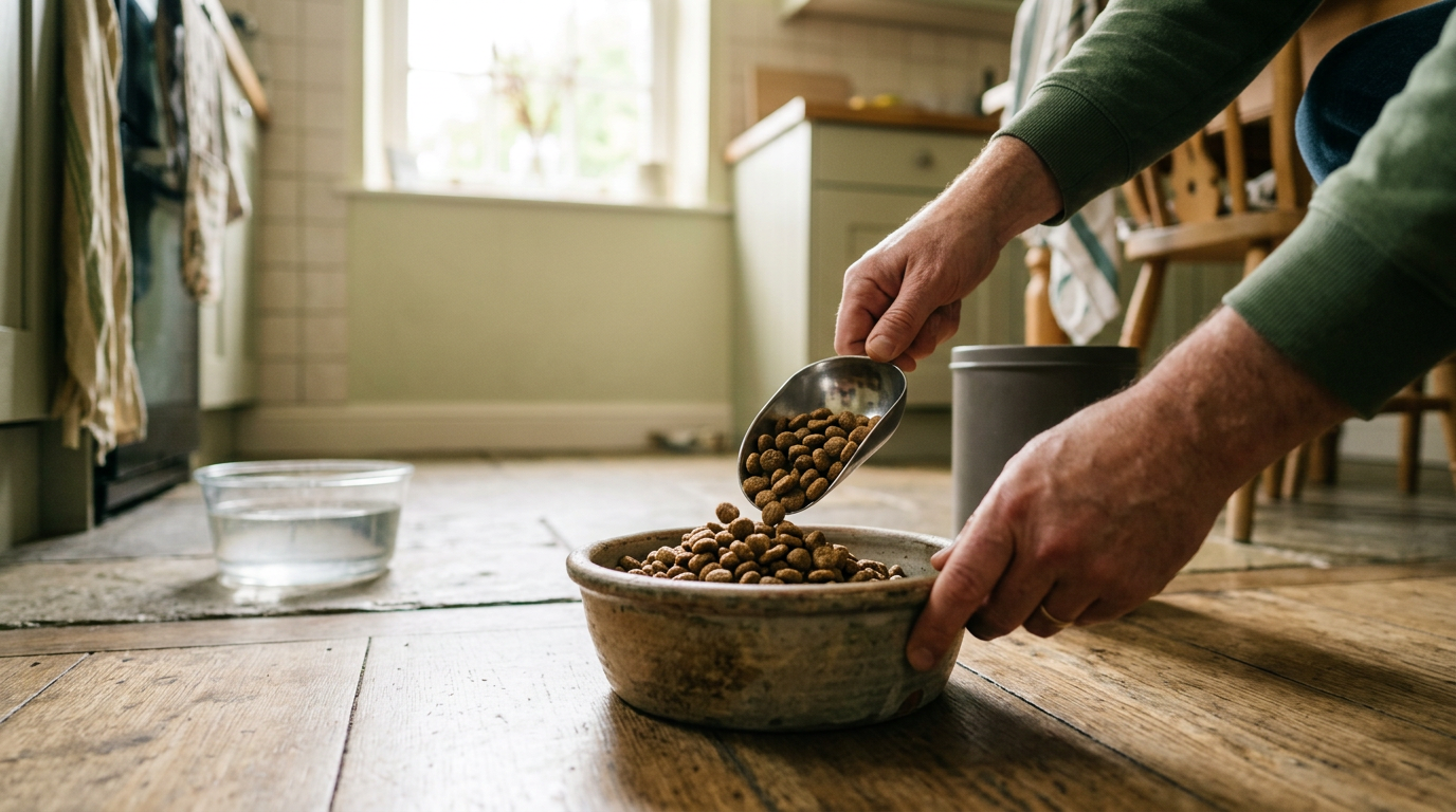 A low-angle, documentary-style shot captures a dog’s feeding routine from the perspective of the kitchen floor.