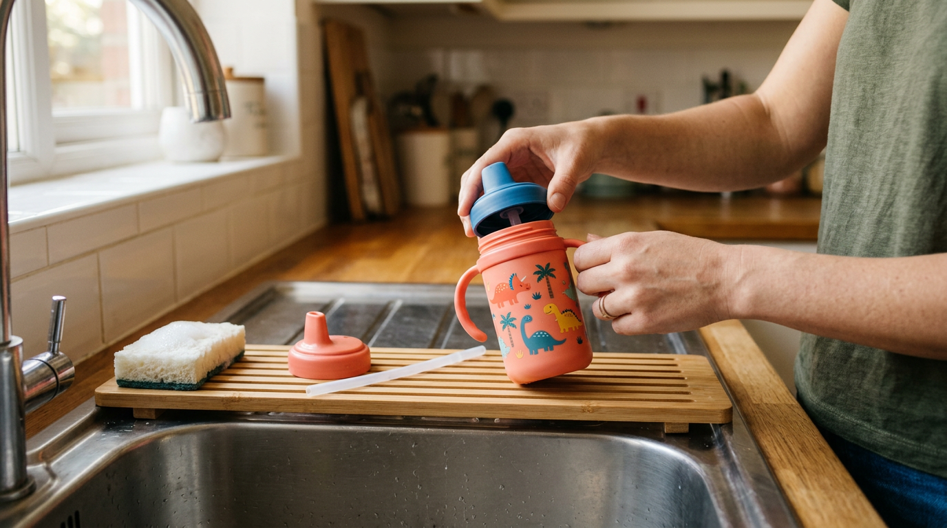Capture a documentary-style shot in a bright, sun-drenched kitchen, focusing on the practical "cleaning" aspect of the advice.