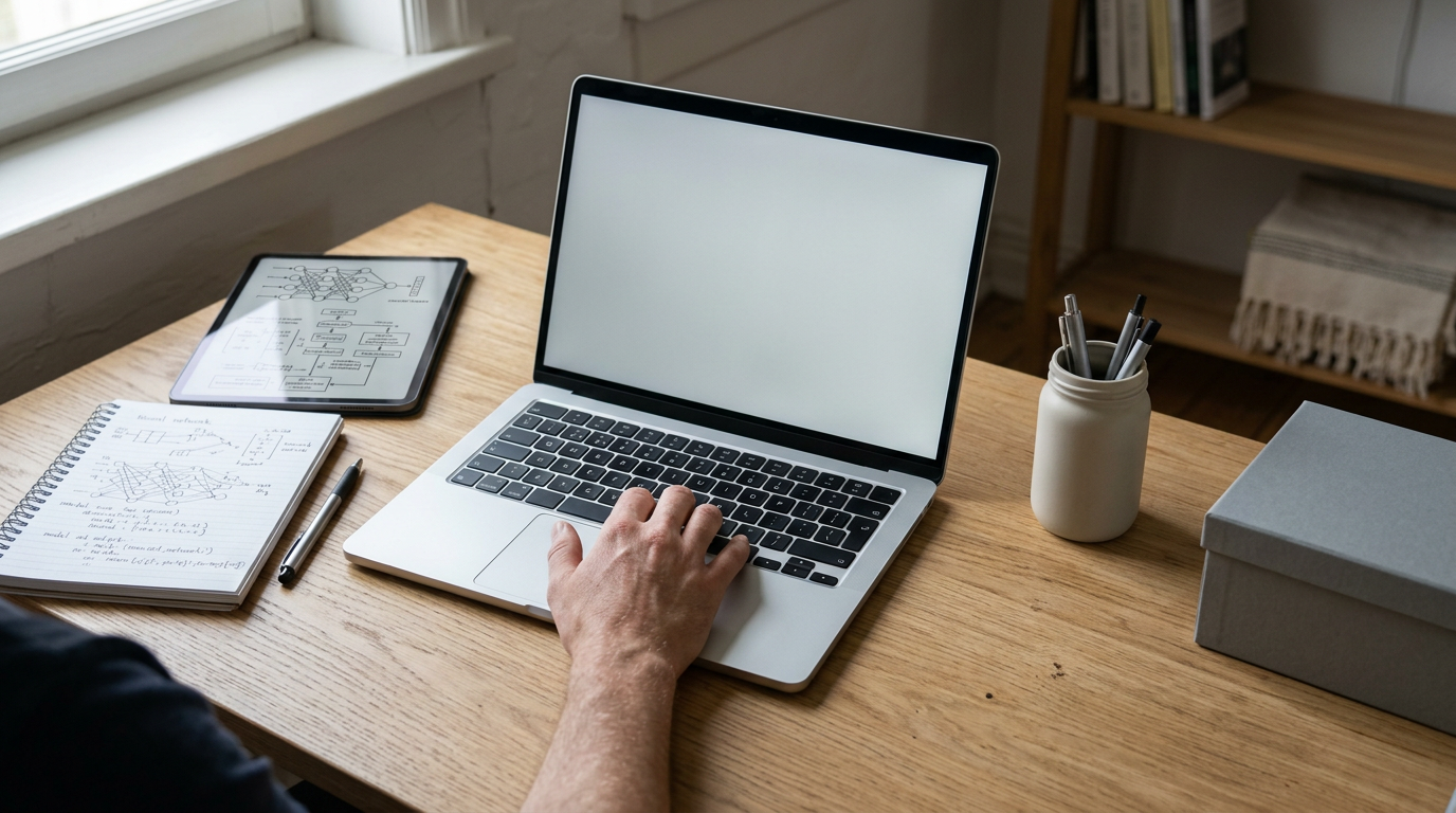 Capture a close-up, top-down view of a workstation cluttered with handwritten technical notes and a tablet displaying complex neural network diagrams.