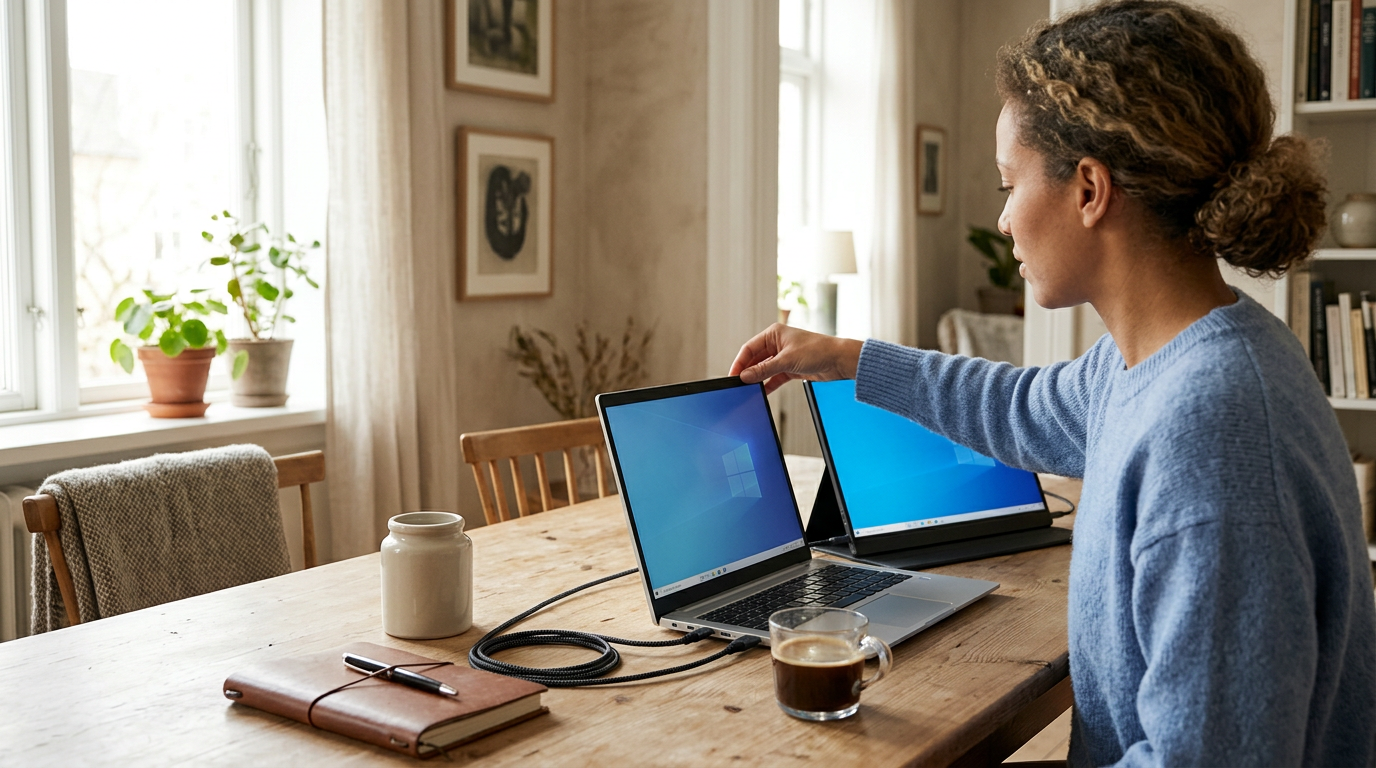 A sun-drenched wooden dining table holds the chaotic reality of a mobile workstation.