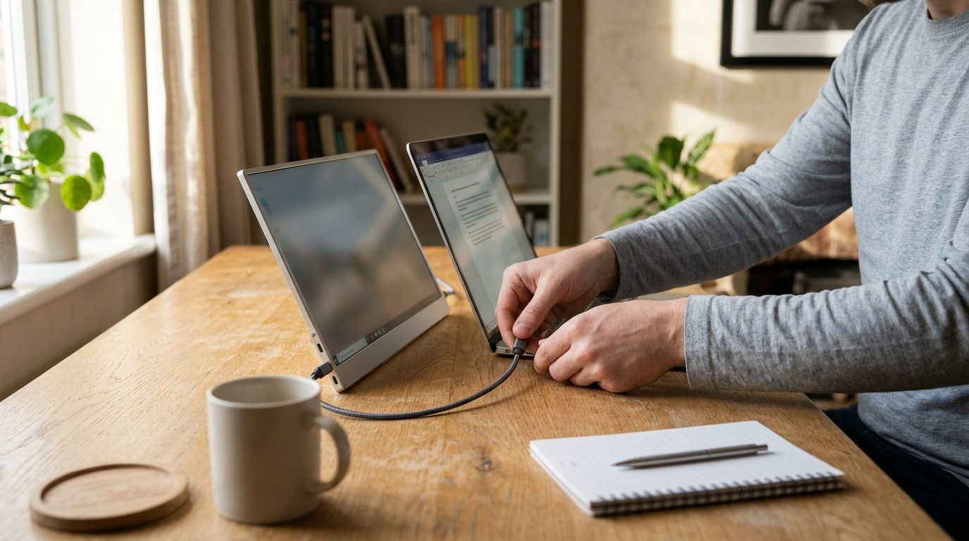A close-up, top-down shot captures a pair of hands connecting a single braided cable between a slim, metallic portable display and a laptop on a textured oak desk.