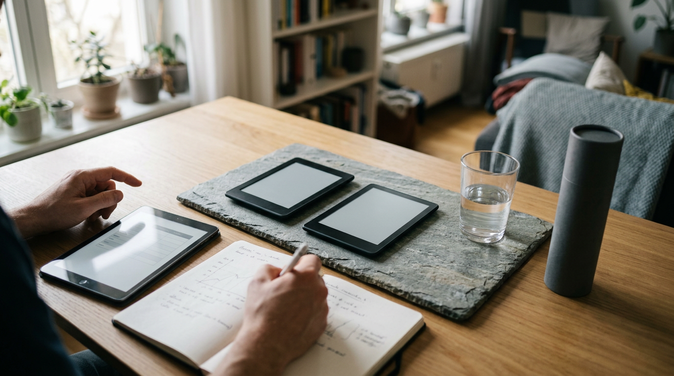 Two e-readers beside a tablet displaying a comparison chart on a desk.