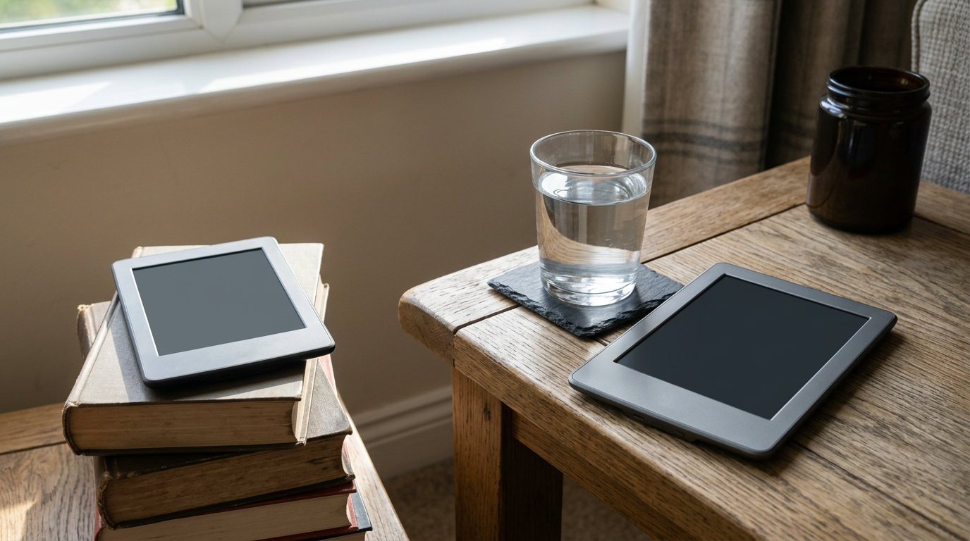 A close-up, top-down shot showing two different e-readers resting side-by-side on a weathered oak side table.