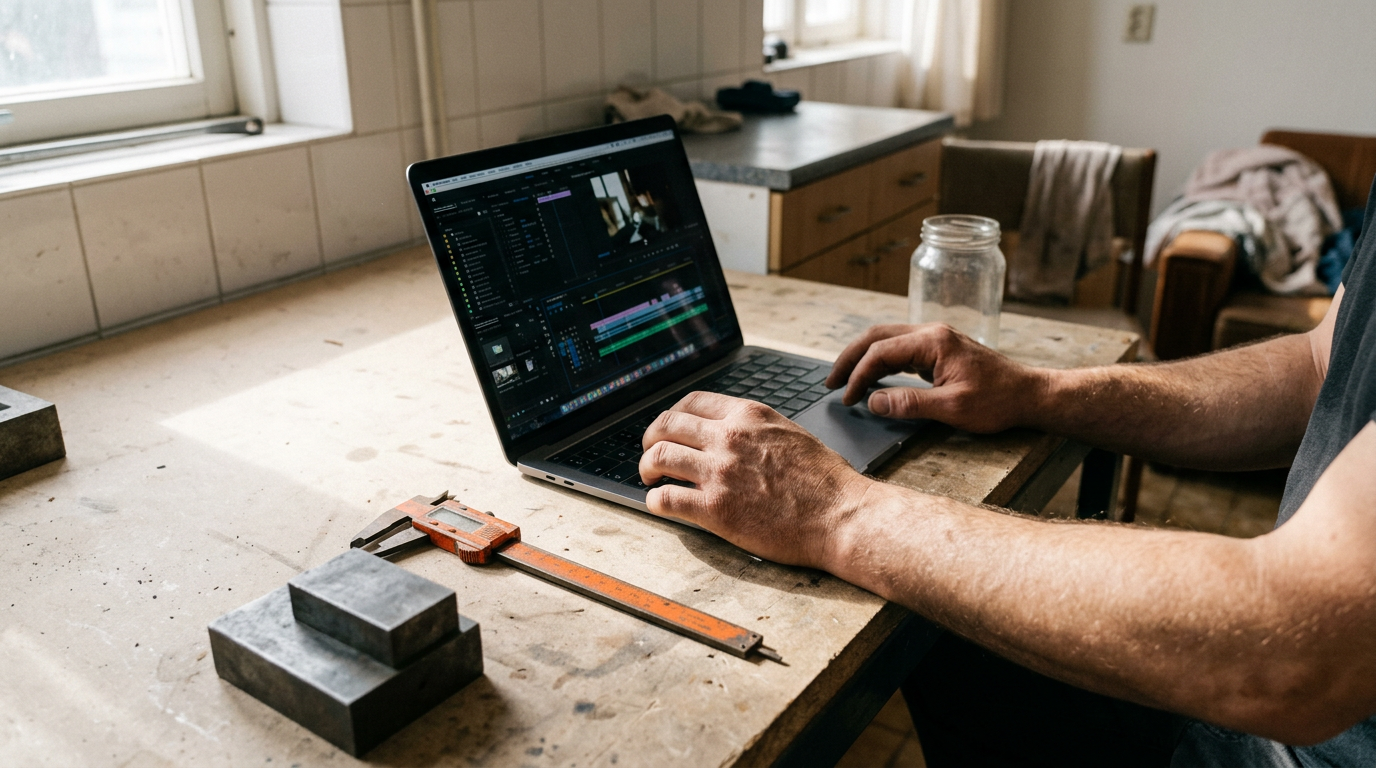 A high-angle shot captures a cluttered, sun-drenched workshop desk.