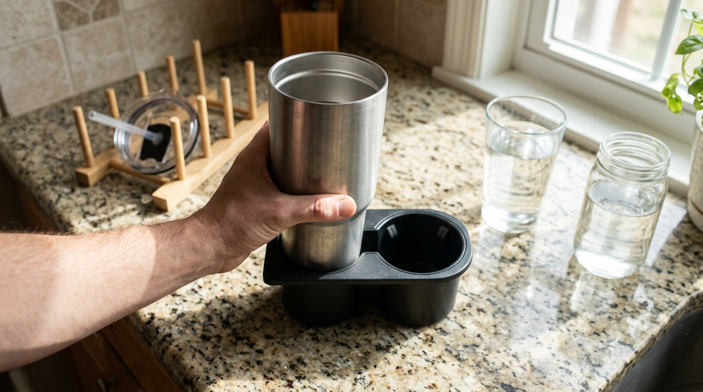 A candid, top-down shot on a sun-drenched granite kitchen island.