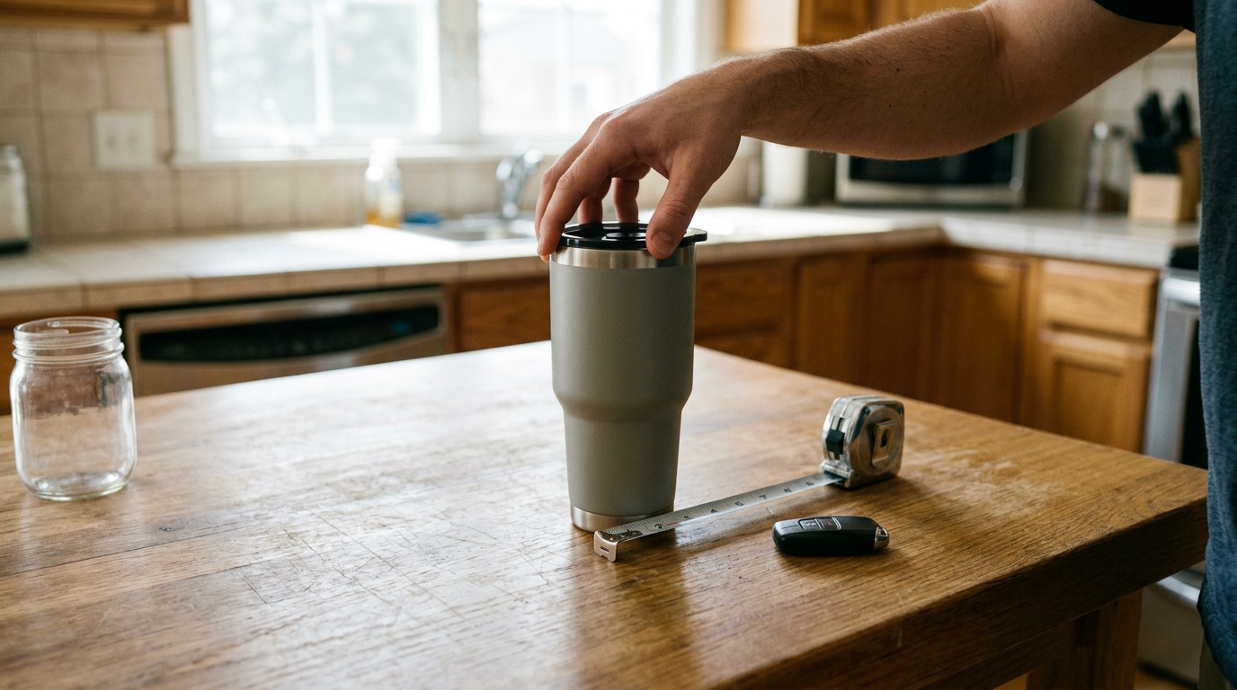 A close-up, top-down documentary shot captures a hand testing a tumbler’s lid mechanism over a kitchen island.