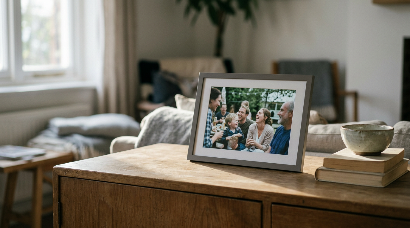 A digital picture frame displaying a family photo on a living-room shelf.