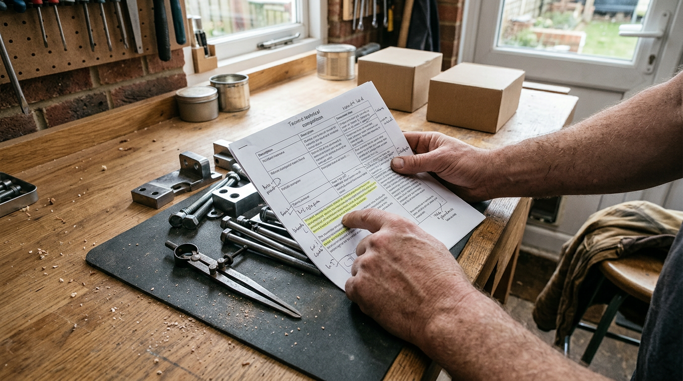 A high-angle shot captures a cluttered oak workbench in natural, diffused daylight.