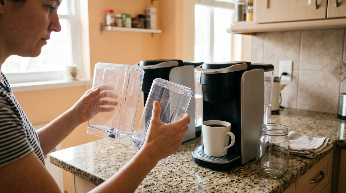 A candid, wide-angle shot from a sun-drenched kitchen shows a person at a granite countertop, comparing two different water reservoirs removed from their machines.
