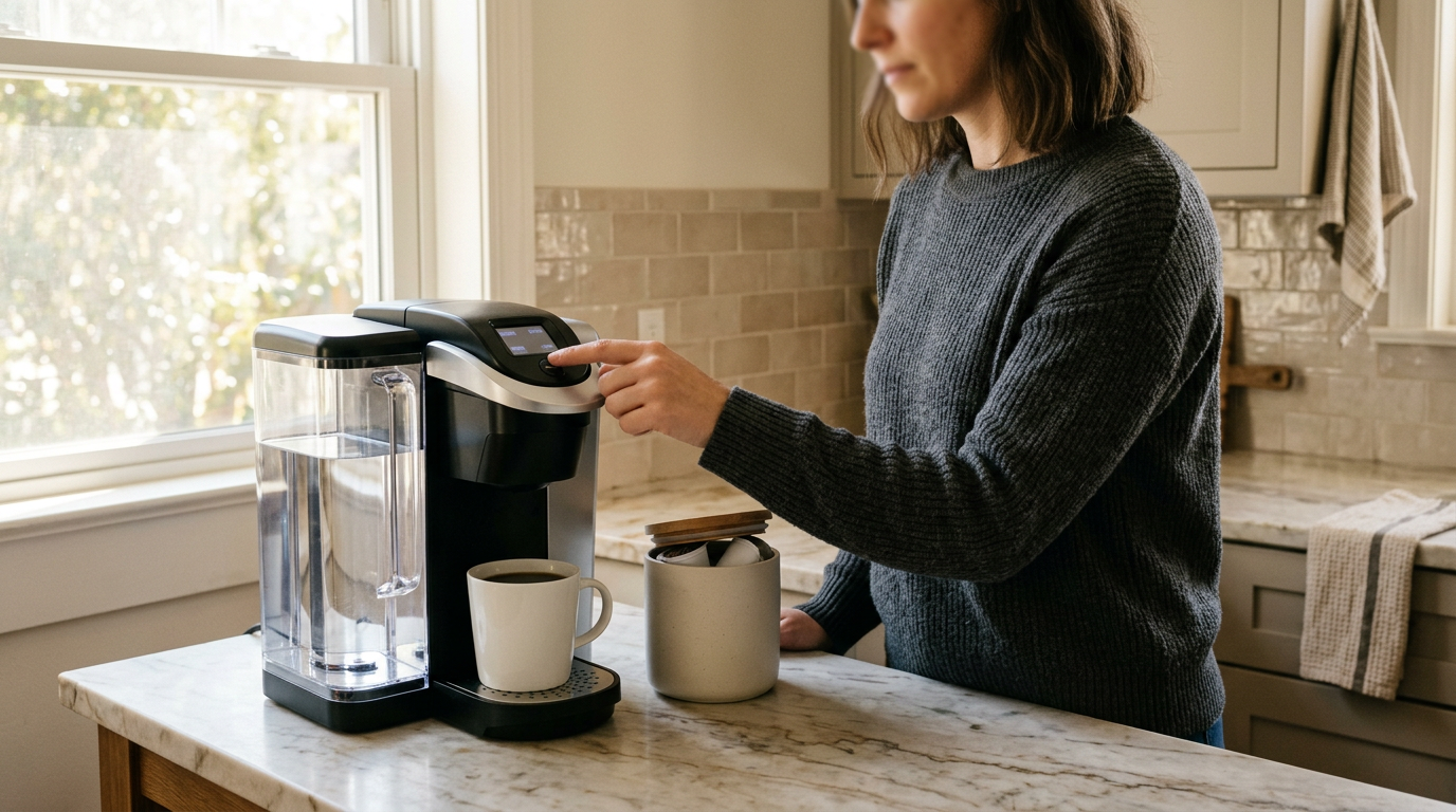 A three-quarter shot captures a person at a kitchen island, their hand adjusting a digital setting on the brewer.