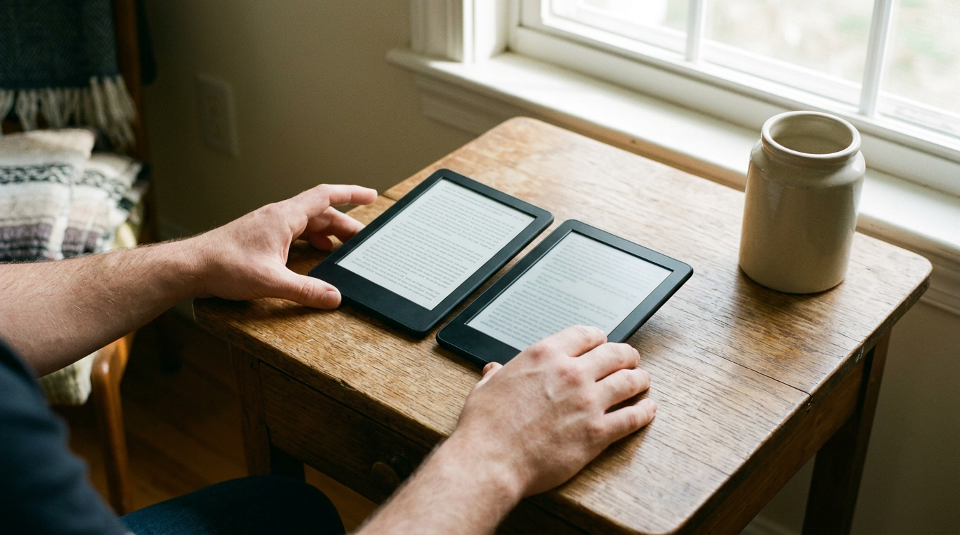 A close-up, high-angle shot captures a reader’s hands resting on a worn wooden side table, comparing two slim electronic reading devices side-by-side.