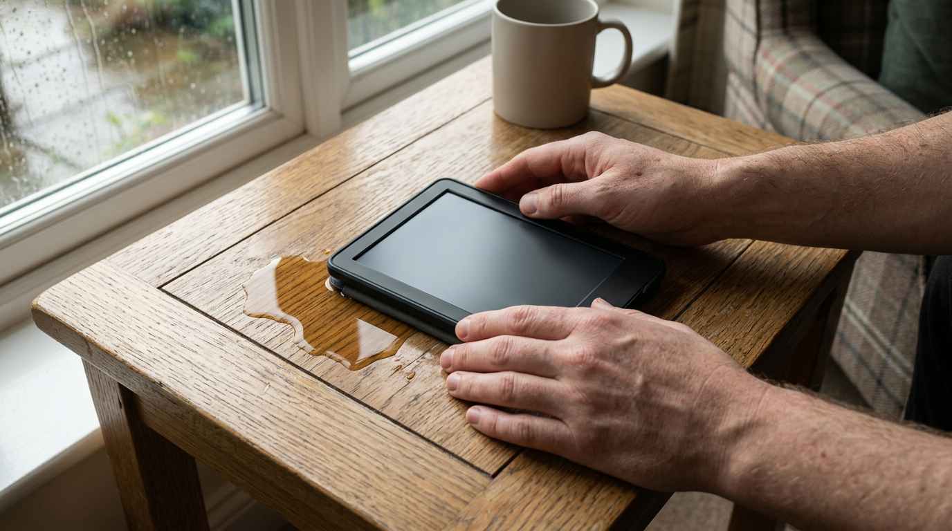 Close-up, high-angle shot of a person’s hands resting the device on a textured oak side table next to a spilled cup of tea.