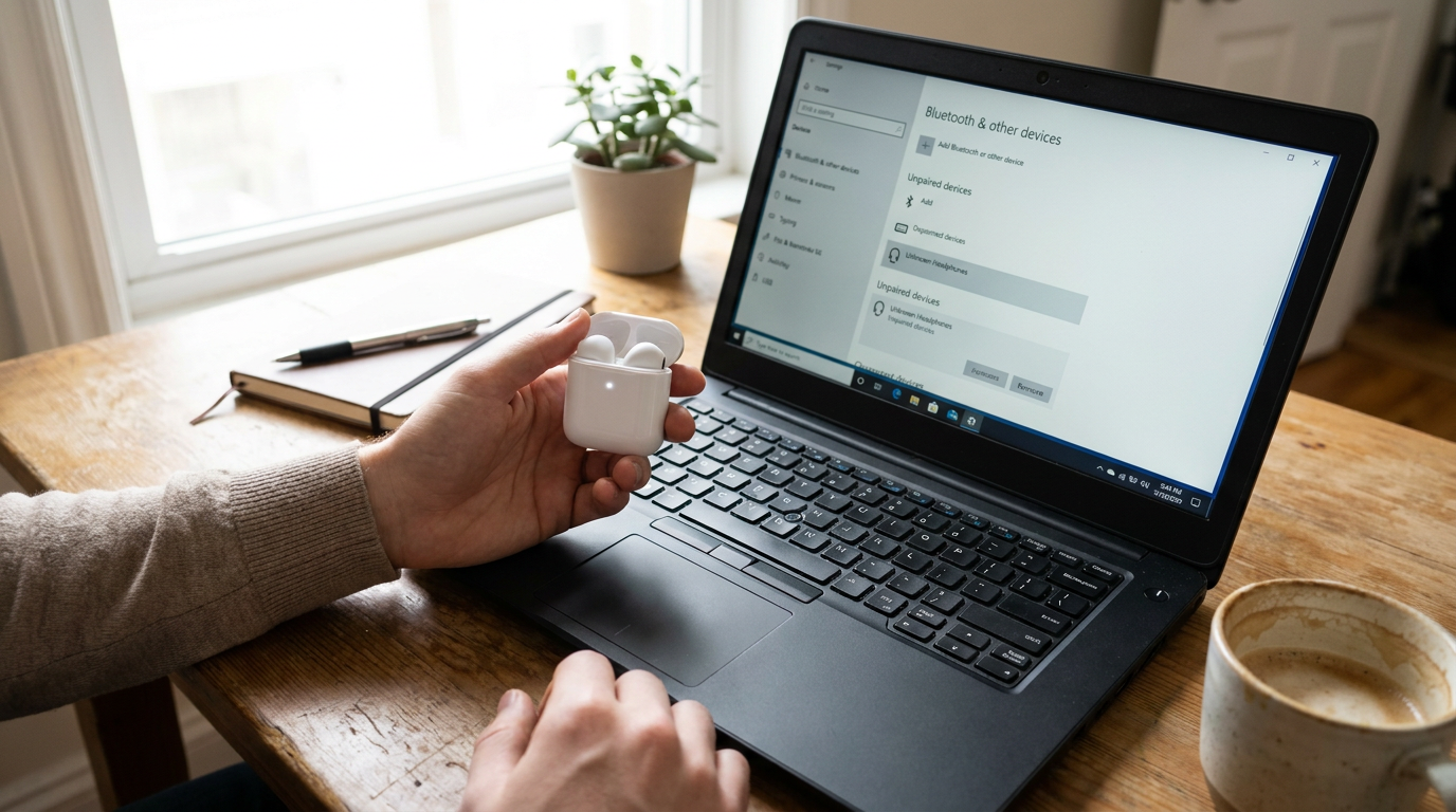 A person holds an open white wireless earbud case next to a laptop showing Bluetooth settings on a wooden desk with a cup of coffee.
