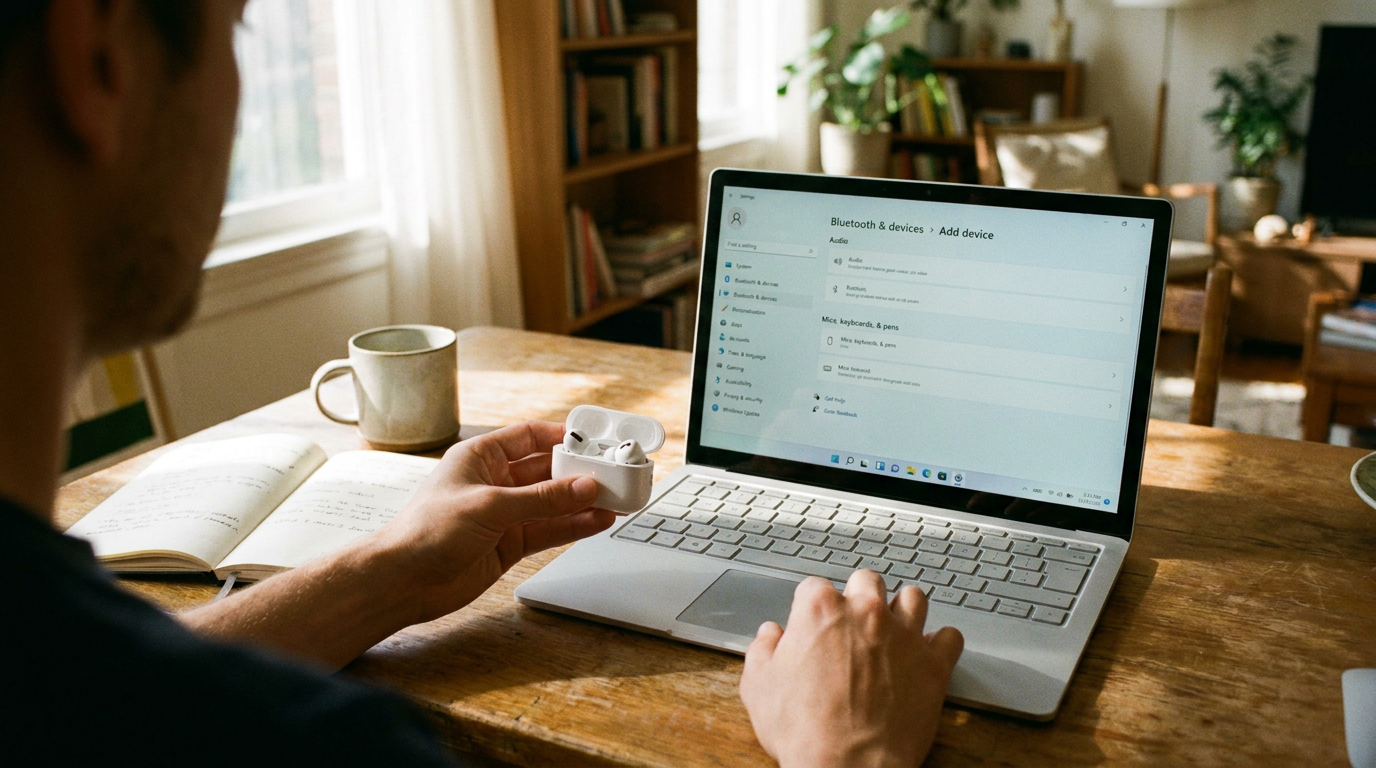 Over-the-shoulder view of a person using a laptop to connect wireless earbuds, holding the open charging case in their hand.