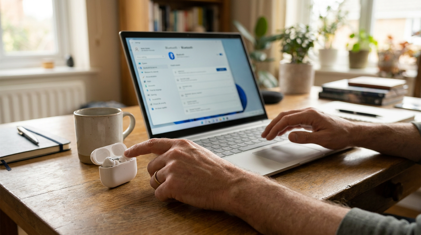 A person's hands on a wooden desk using a laptop, with one hand reaching for a white wireless earbud in its open charging case.