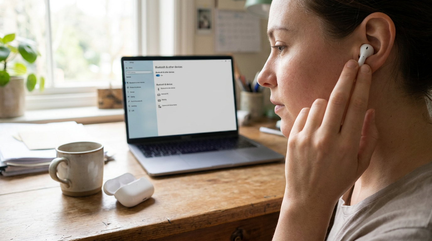 A woman adjusts a white wireless earbud in her ear, with an open laptop and a charging case on a wooden desk in front of her.