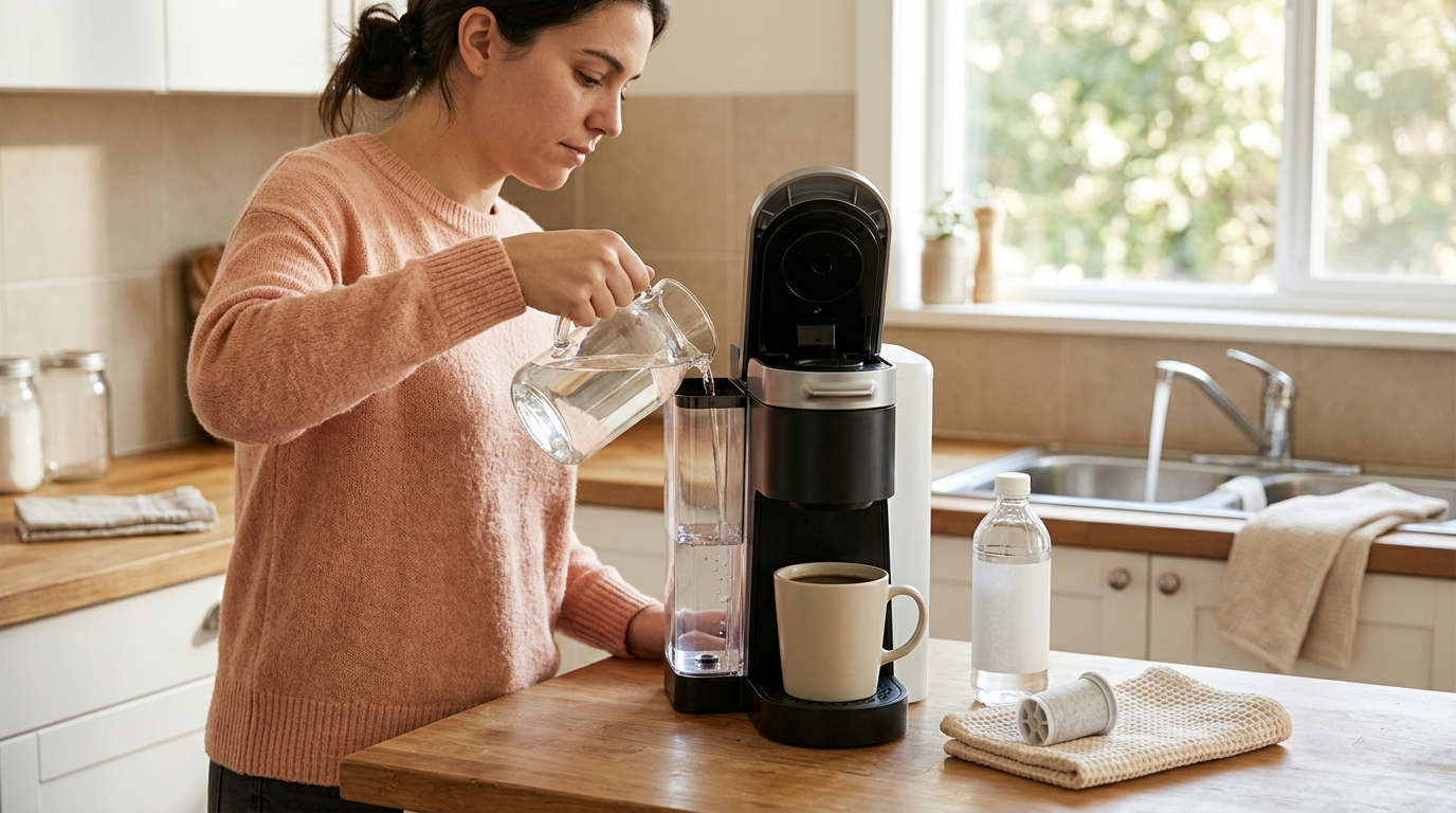 A warm, bright lifestyle photograph of an anonymous person using how to descale a k-cup coffee maker in the place where it is really used, natural window light, a plain unlabelled