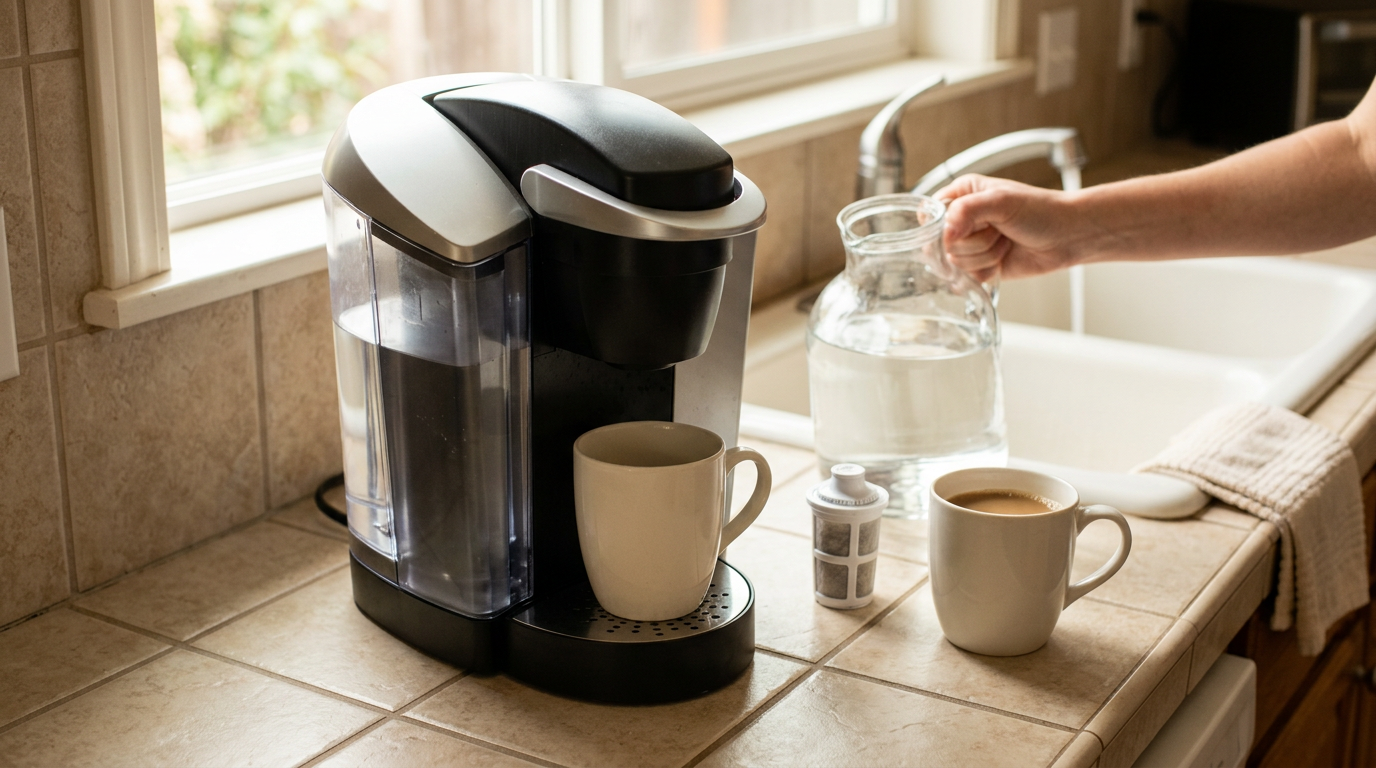 A candid lifestyle scene evoking everyday life around how to descale a k-cup coffee maker: a lived-in interior, natural light, hands out of focus, real materials and no product in 