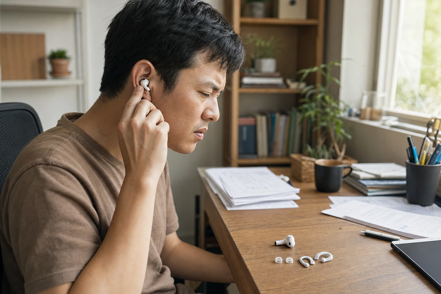 A man at a wooden desk adjusts a white wireless earbud in his ear. Additional earbud tips and parts lie on the desk in front of him.