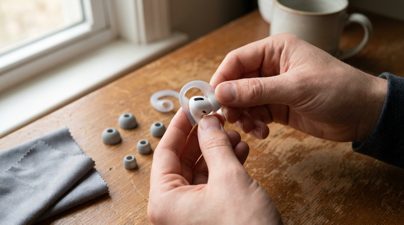 A person's hands attaching a clear ear hook to a white wireless earbud on a wooden table with extra ear tips nearby.