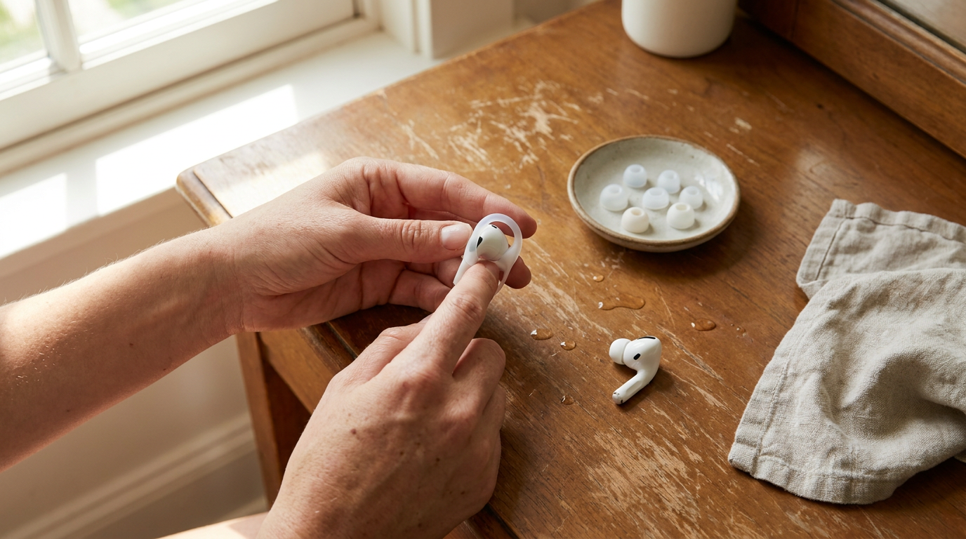 Hands fitting a silicone hook onto a white wireless earbud over a wooden table, next to extra ear tips and a linen cloth.