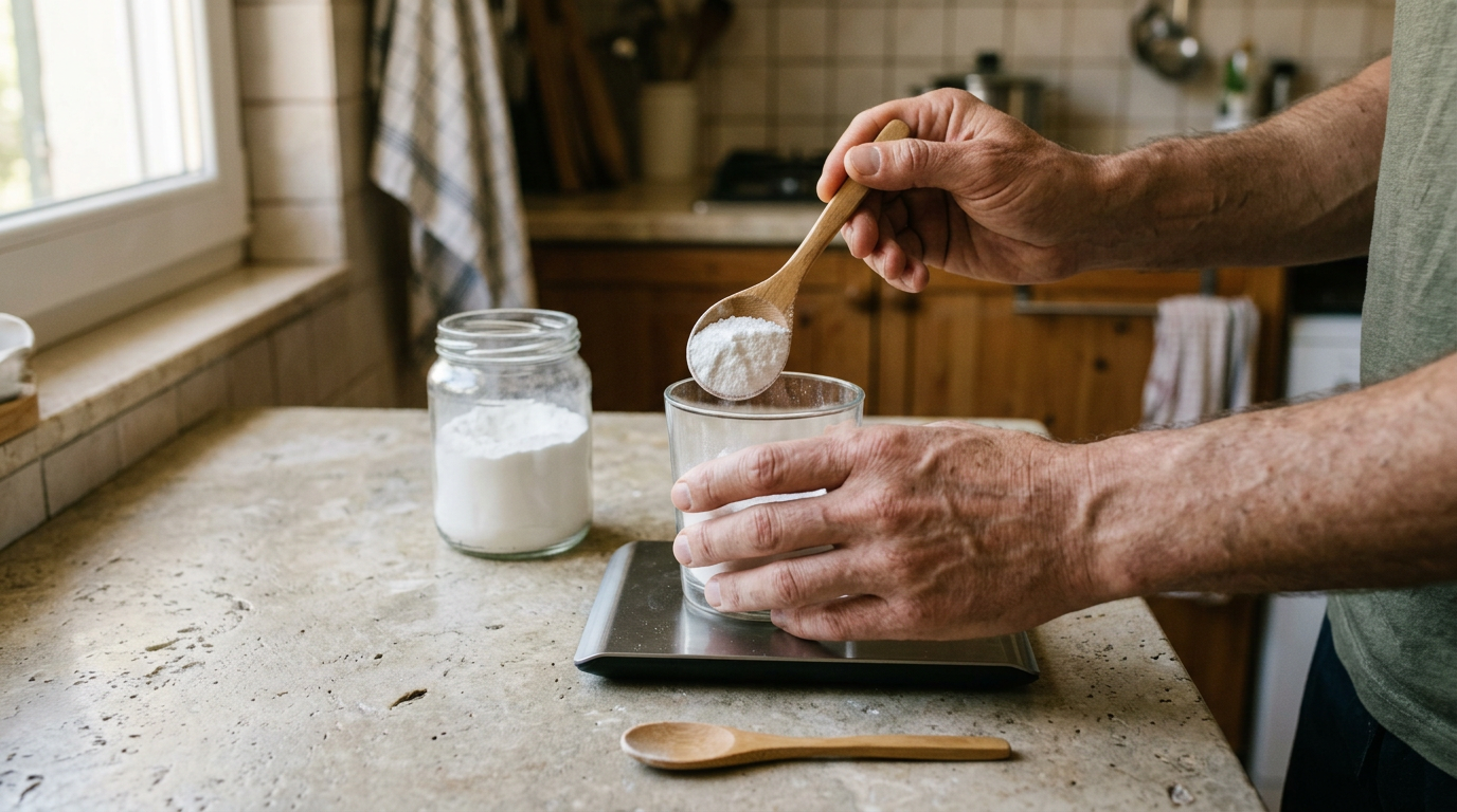 A close-up, top-down shot showing a pair of weathered hands measuring white powder onto a digital kitchen scale.