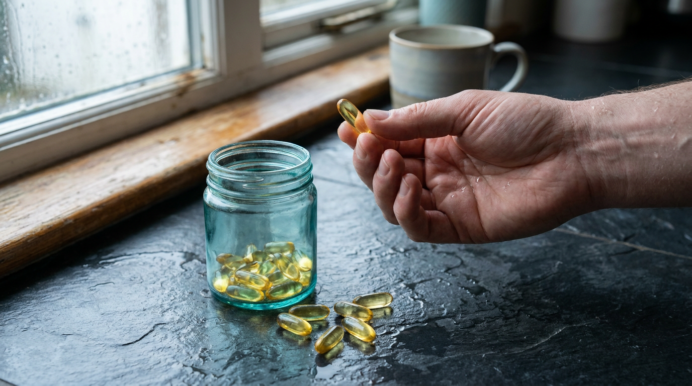 A hand holds a yellow gel capsule above a small blue glass jar of capsules, with more spilled on a wet, dark counter next to a window.