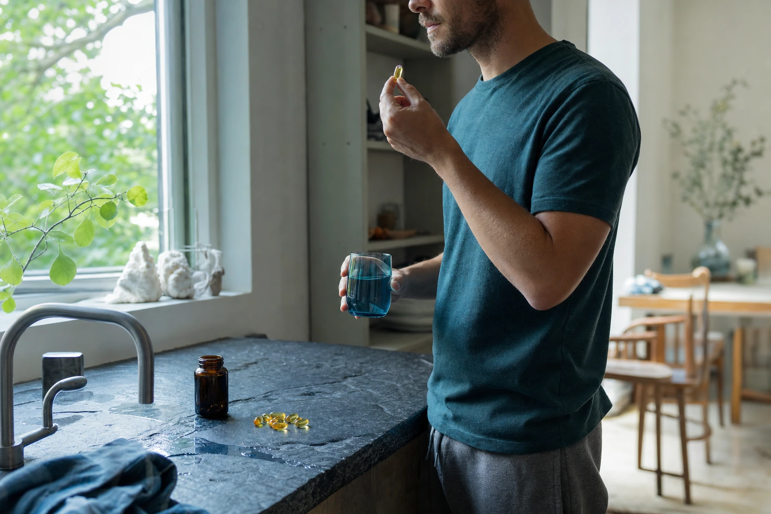 A man stands in a kitchen holding a glass of water and a yellow pill. An amber bottle and gel capsules lie on the counter next to him.