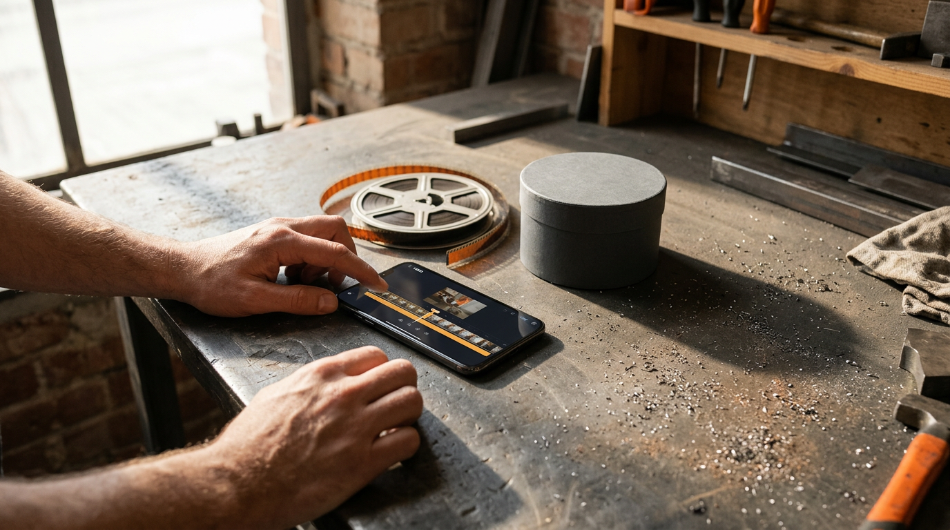 A high-angle, documentary-style shot captures a pair of hands working at a weathered, anthracite-toned workshop bench dusted with fine metal shavings.
