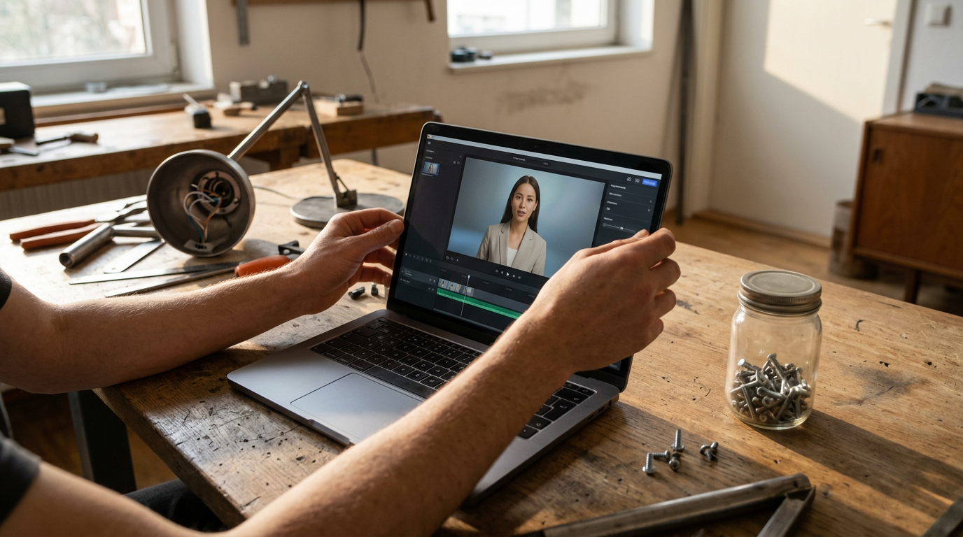 A high-angle close-up captures a pair of hands adjusting the framing of an AI-generated digital presenter on a matte laptop screen.