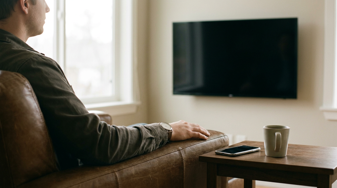 A candid, wide-angle shot from a living room corner captures an individual settling into a worn leather armchair.