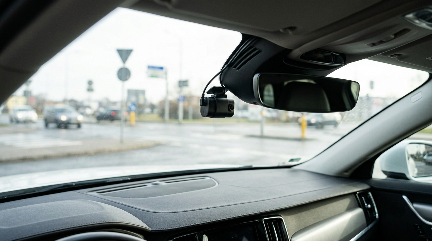 A front dash cam mounted near the rear-view mirror and facing the road.