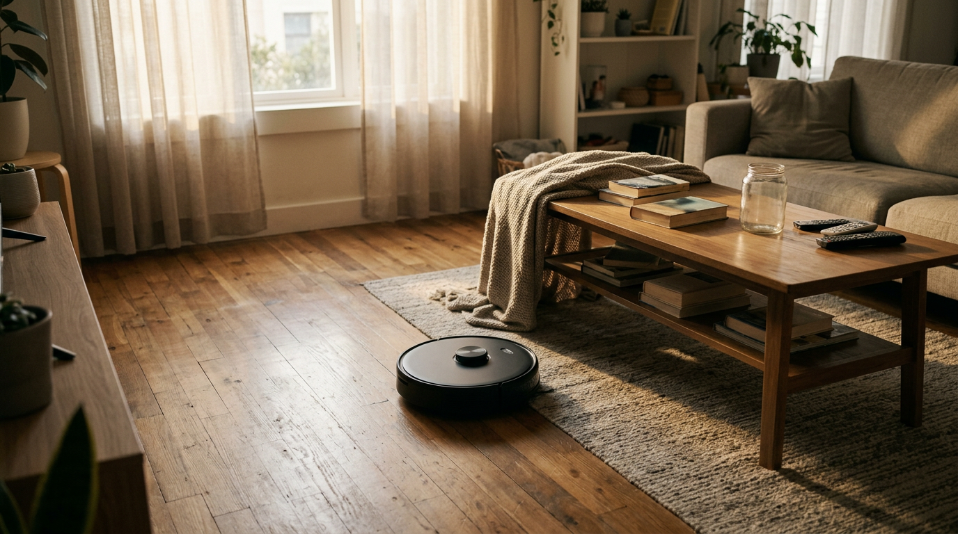 A robot vacuum cleaning the floor in a furnished living room.