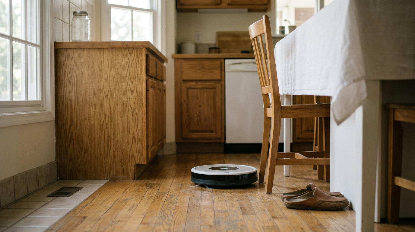 A low-angle, wide-frame shot from inside a sunlit kitchen.