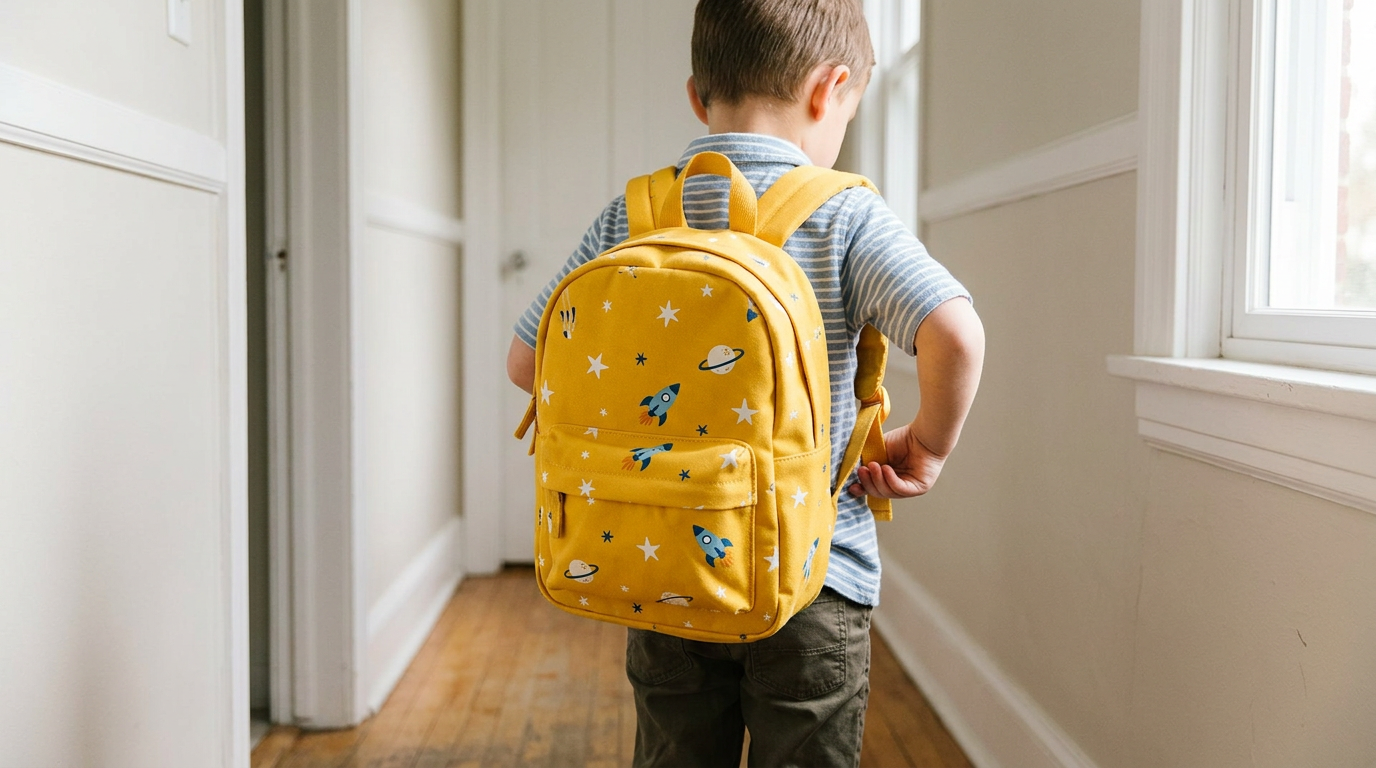 A child stands in a sun-drenched hallway, captured from behind as they pull on a vibrant, sunshine-yellow backpack patterned with whimsical white stars.