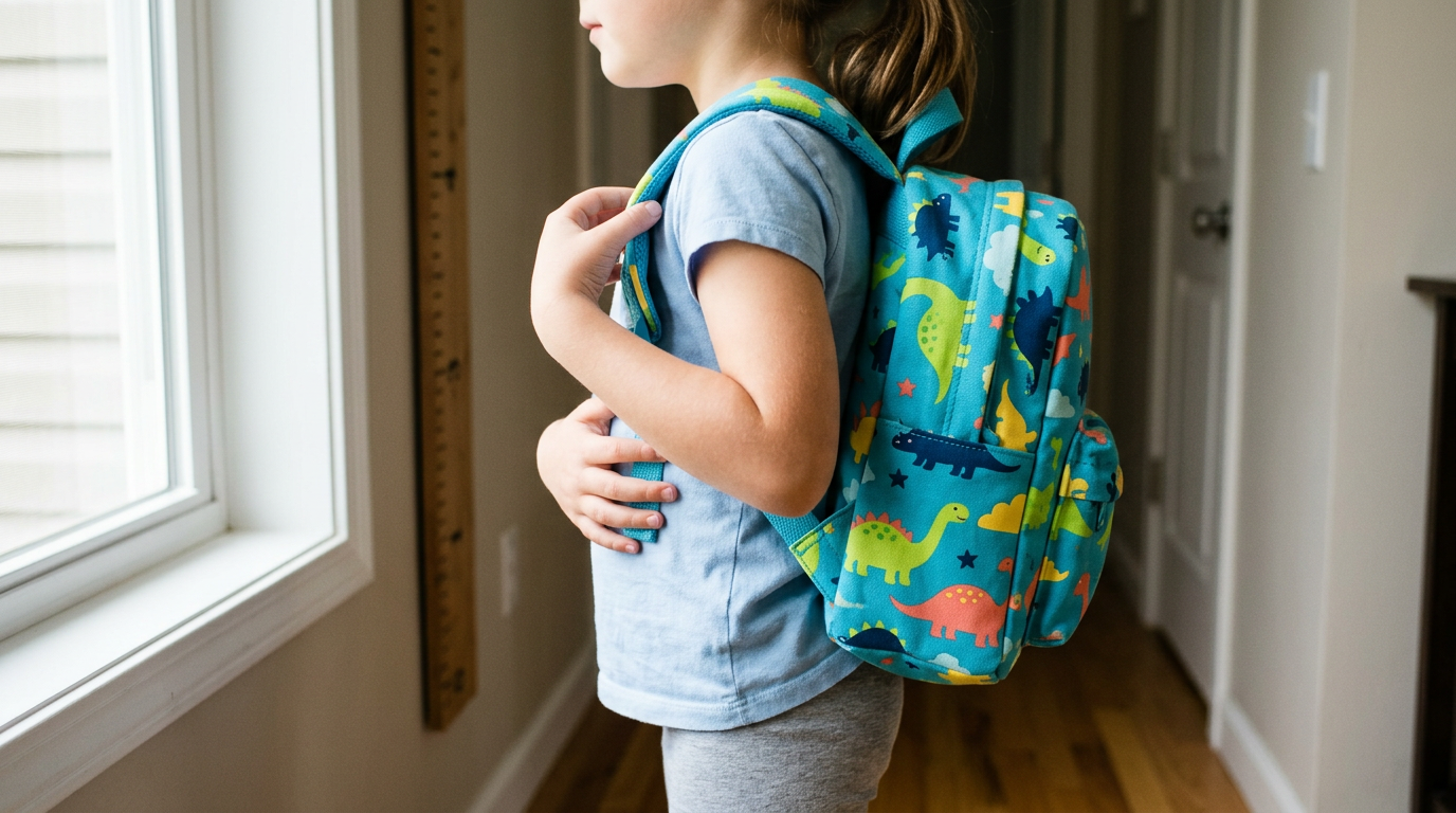 A side-view close-up captures a child standing against a wall marked with a height chart, focus sharp on the backpack’s fit.